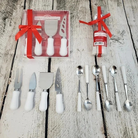 White 4 Piece Cheese Knife Set and White 6 Piece Appetizer Spoon Set - Picture 1 of 7